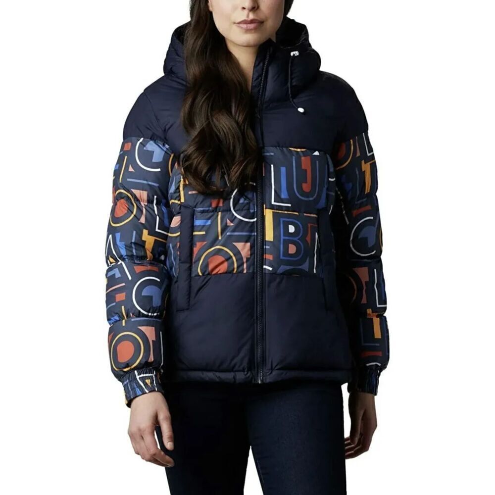 COLUMBIA Women's Pike Lake II Insulated Navy Blue Spell Out Puffer Jacket Small